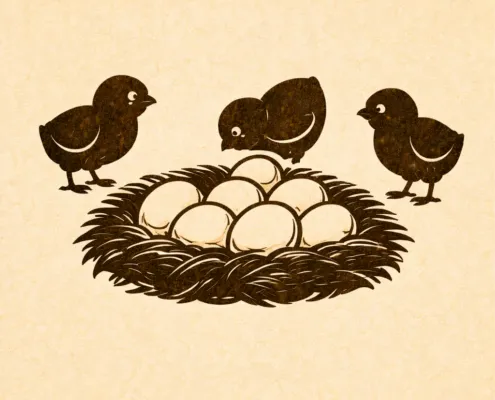 stilisierte Küken und Eier in einem Nest