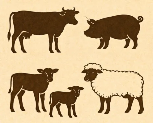 stilisierte Tiere: Kuh, Schwein, Kalb, Schaf