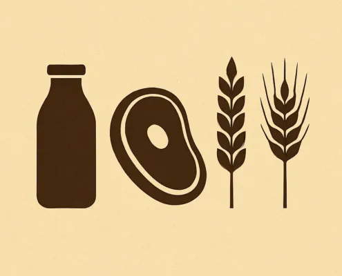stilisierte Erzeugerprodukte: Milchflasche, Fleisch, Weizen, Gerste
