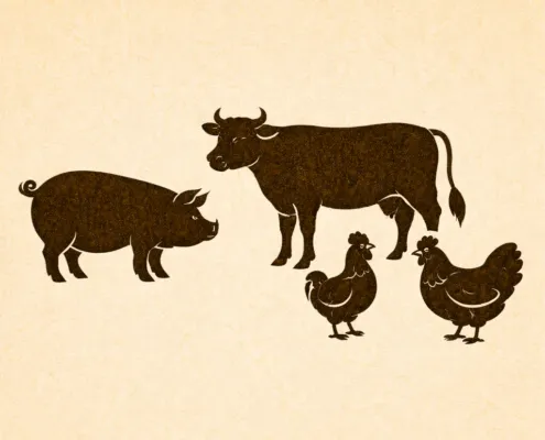 Stilisiertes Schwein, Rind, Hühner