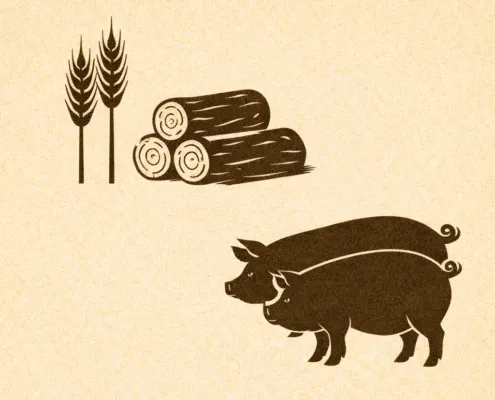 stilisierte Schweine, Blochholz und Weizen
