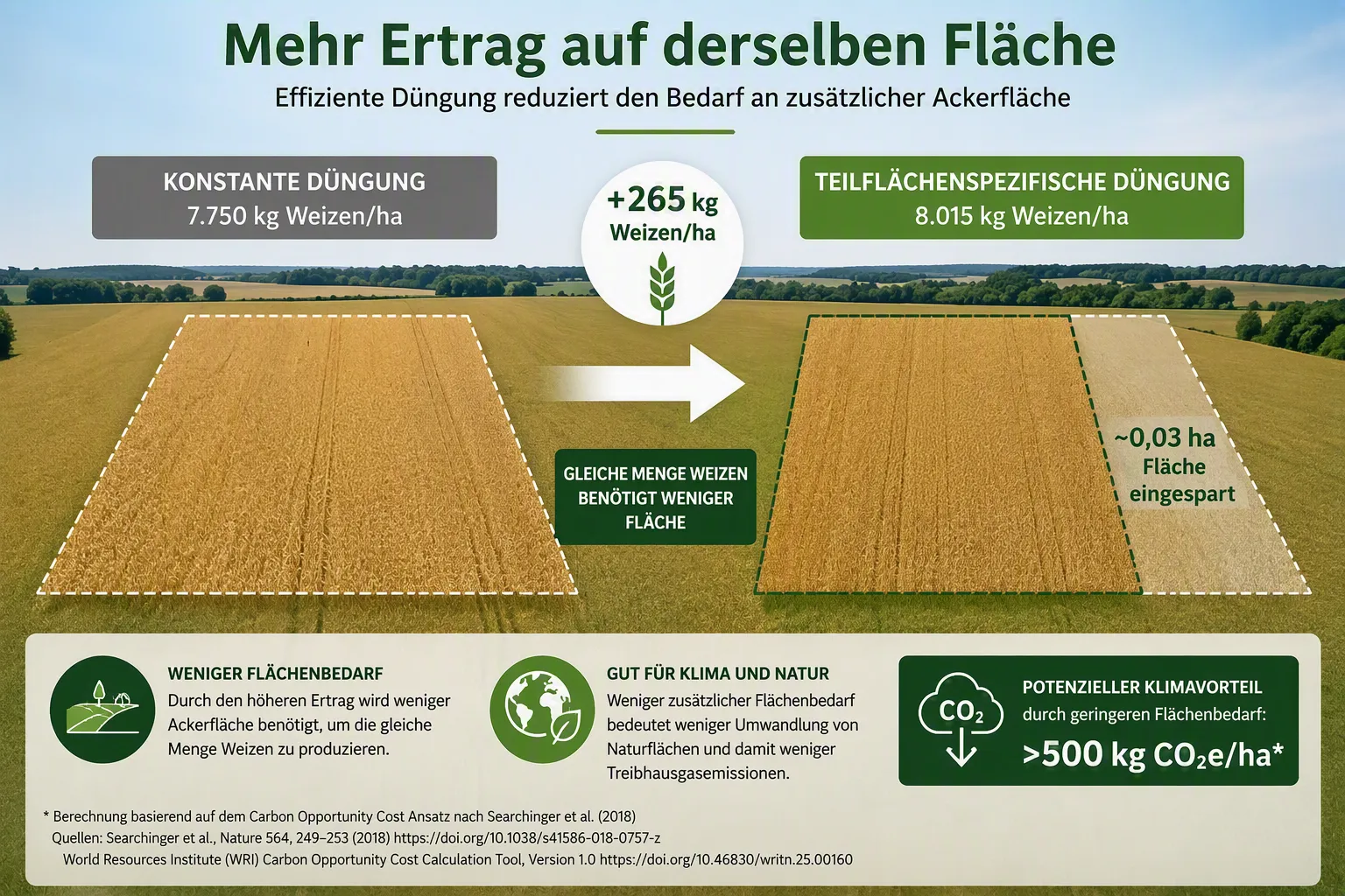 Grafik, die weigt, wie effiziente Düngung den Bedarf an zusätzlicher Ackerfläche reduziert