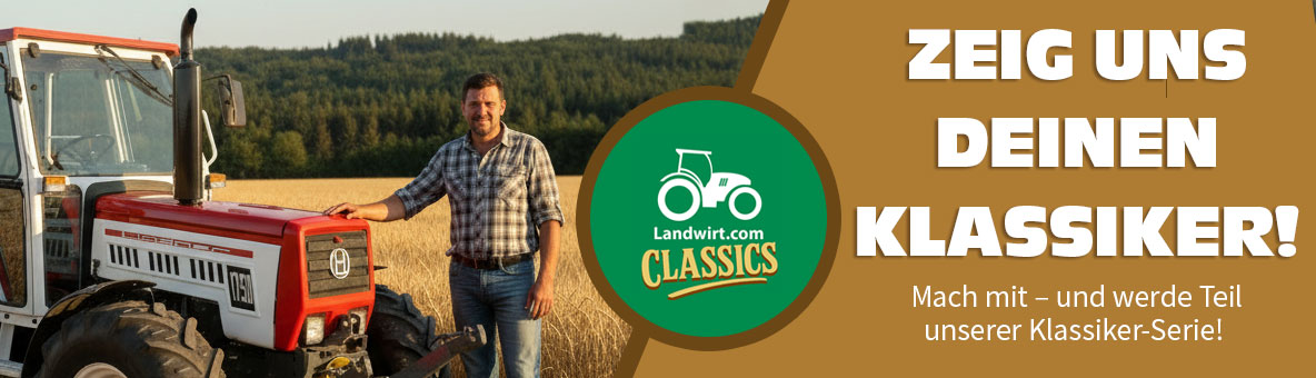 Mann mit Oldtimer-Traktor - daneben Text "Zeig uns dienen Klassiker"