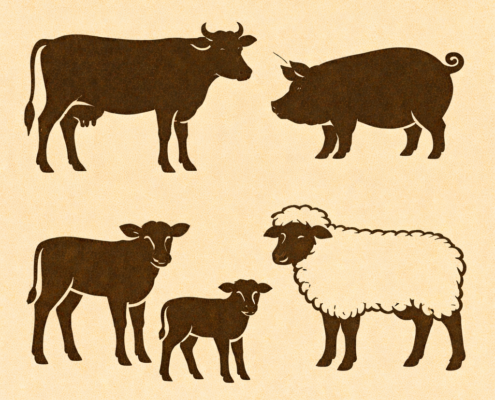 stilisierte Tiere: Kuh, Schwein, Kalb, Schaf