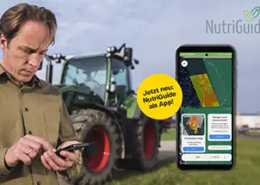 Titelbild: Mann mit Mobiltelefon in der Hand steht vor einem Traktor - daneben Grafik der neuen NutriGuide-App