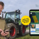 Titelbild: Mann mit Mobiltelefon in der Hand steht vor einem Traktor - daneben Grafik der neuen NutriGuide-App