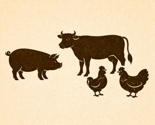 Stilisiertes Schwein, Rind, Hühner