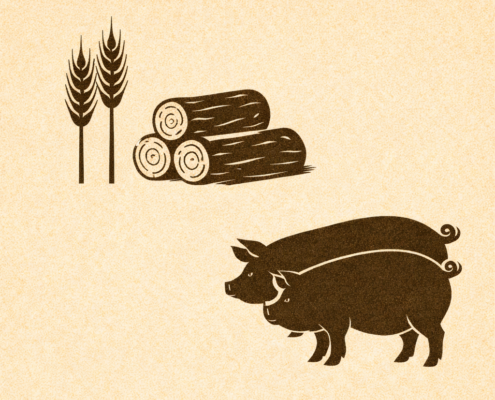 stilisierte Schweine, Blochholz und Weizen